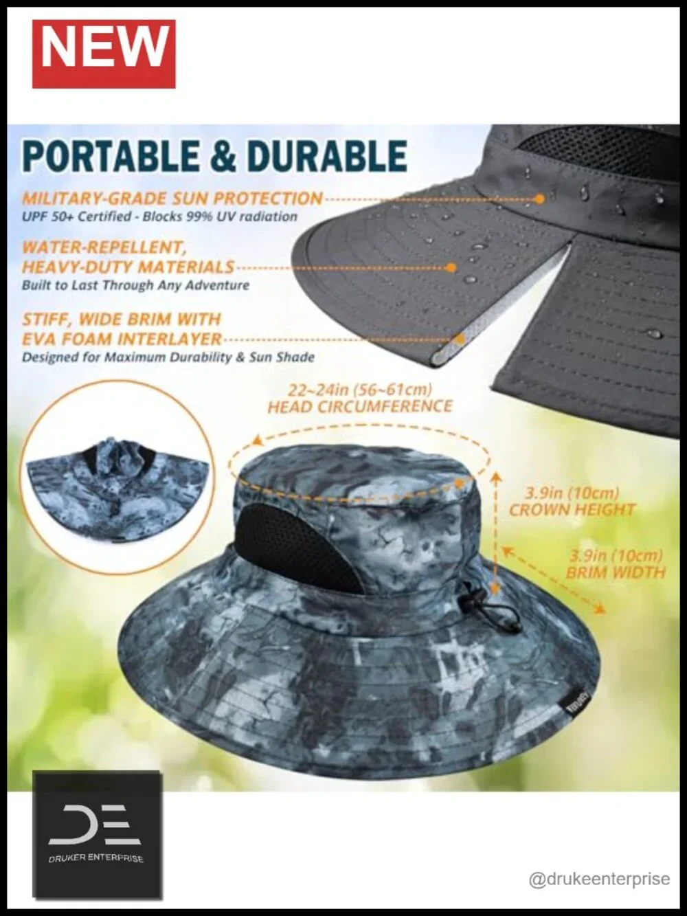 Wide Brim Sun Bucket Hat, UPF 50+ UV Protection, Adjustable Chin Strap,